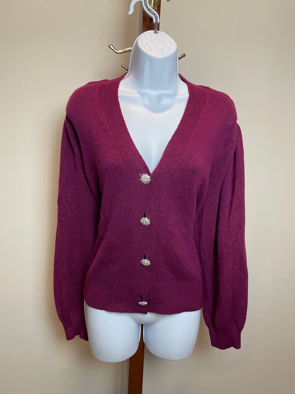 Loft Dark Purple Rhinestone Button Puff Sleeve Cardigan Size XL